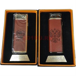 Зажигалка разрядная USB герб России и СССР в коже - фото 173503