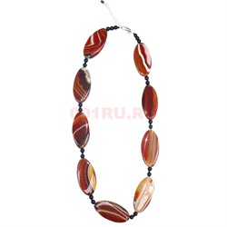 Бусы из сердолика 4x1,5 см овальные с черными бусинами 55 см - фото 180287