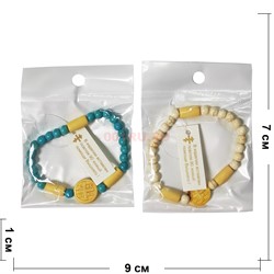 Браслет деревянный с псаломом 90 внутри (A-219) с крестом + бусины 12 шт/упаковка - фото 195757