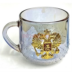 Чашка стеклянная с ручкой герб России в золоте - фото 212366