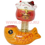 Кот Манеки Нэко на пружине на липучке для машины (371F) "рыба"