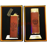 Зажигалка разрядная USB герб России и СССР в коже